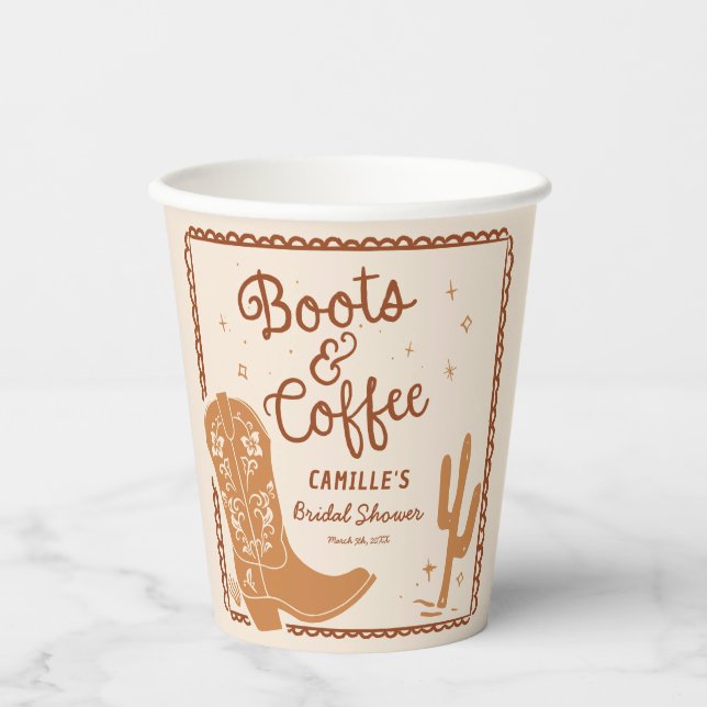 Rustikale Stiefel und Kaffee Brautparty Papier Tas Pappbecher (Vorderseite)
