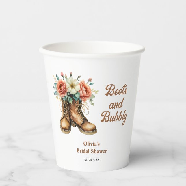 Rustikale Stiefel und sprudelige Western-Brautpart Pappbecher (Vorderseite)