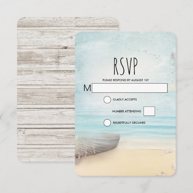 Rustikale Strandlandschaft mit RSVP-Karte für Boot RSVP Karte (Vorne/Hinten)