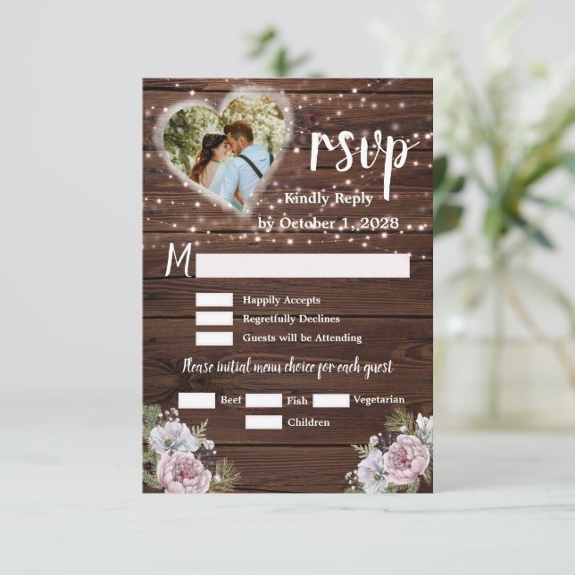 Rustikale Streichellichtblüten Foto Hochzeit RSVP Karte (Stehend Vorderseite)