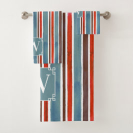 Rustikale Streifen - Rot, Blau und Braun Badhandtuch Set
