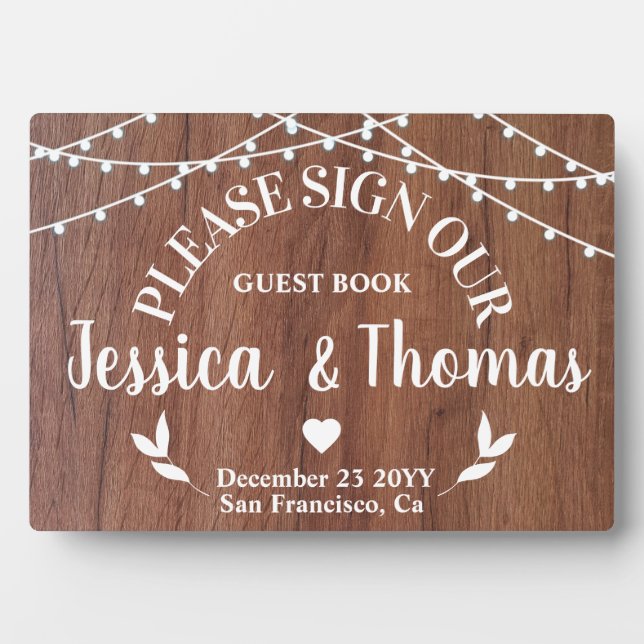 Rustikale String Light weded Guest Book sign Plaqu Fotoplatte (Vorderseite)