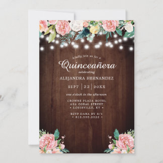 Rustikale String Lights Blush Floral Quinceañera Einladung