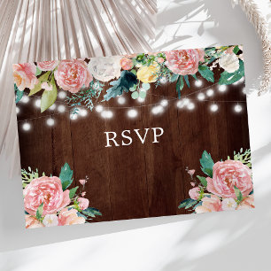 Rustikale String Lights Blush Floral Wedding RSVP Postkarte