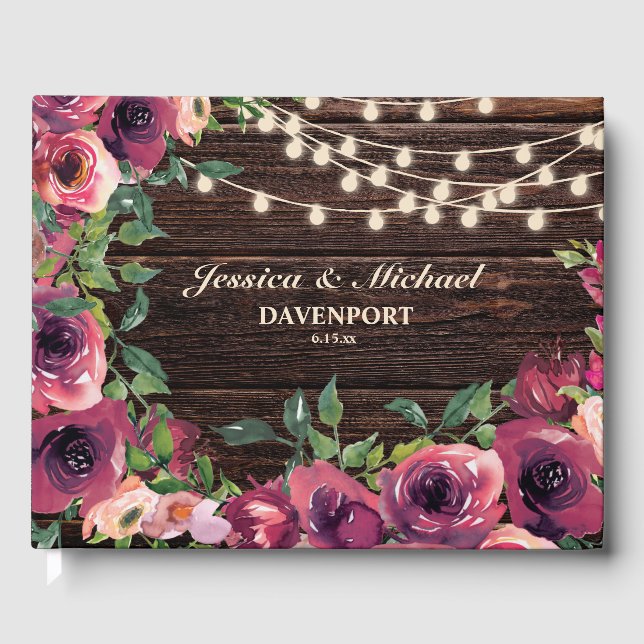 Rustikale String Lights Burgund Blumenhochzeit Gästebuch (Vorderseite)
