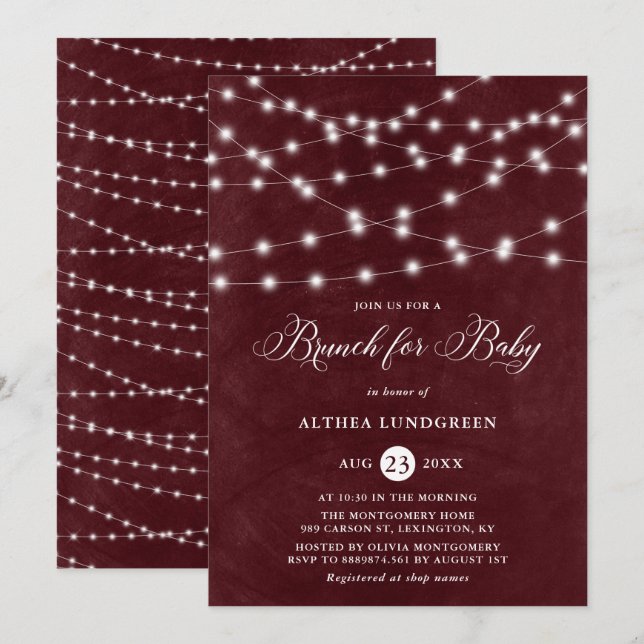 Rustikale String Lights Burgundy Baby Dusche Brunc Einladung (Vorne/Hinten)