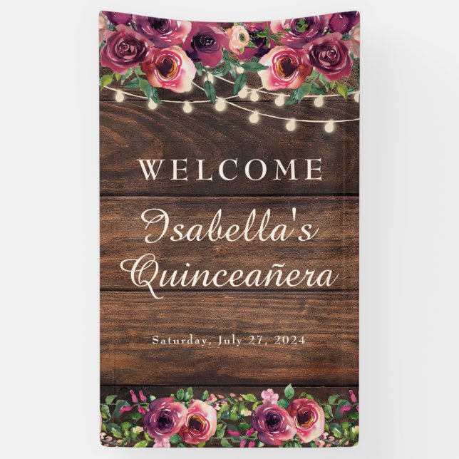 Rustikale String Lights Burgundy Floral Quinceañer Banner (Vertikal)
