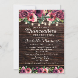 Rustikale String Lights Burgundy Floral Quinceañer Einladung