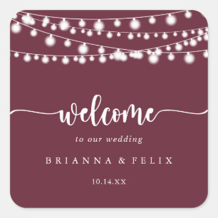 Rustikale String Lights Burgundy Wedding Willkomme Quadratischer Aufkleber