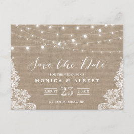 Rustikale String Lights Burlap Lace | SAVE THE DAT Ankündigungspostkarte