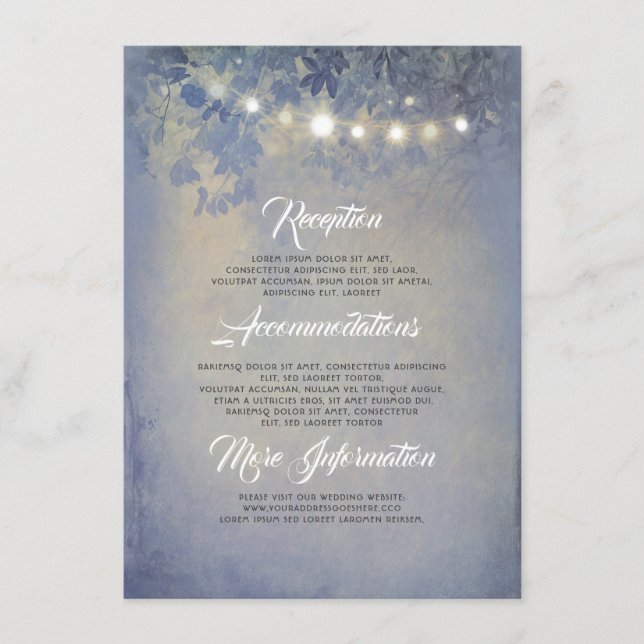 Rustikale String Lights Dusty Blue Wedding Details Begleitkarte (Vorderseite)