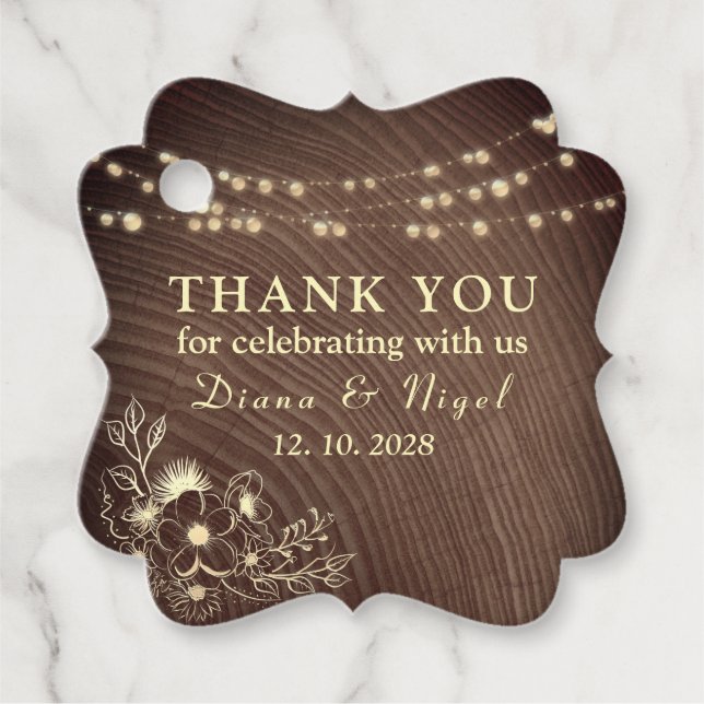 Rustikale String Lights Gastgeschenk Hochzeit Tag Geschenkanhänger (Vorderseite)