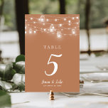 Rustikale String Lights Hochzeit Tischnummern<br><div class="desc">Kostbare gedruckte Hochzeitskarten mit einer einfachen DIY-Vorlage für die Anpassung. Dieses rustikale schicke Design mit leuchtenden Saitenleuchten und Maurerkirschen auf rostorangefarbenem Hintergrund. Personalisieren Sie jede benötigte Tischnummer und fügen Sie sie Ihrem Warenkorb individuell hinzu (beachten Sie: Wenn Sie eine große Anzahl von Karten zu Ihrem Warenkorb hinzufügen, wird das Drucken...</div>