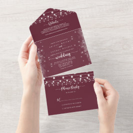 Rustikale String Lights Kalligrafie Burgundy Weddi All In One Einladung