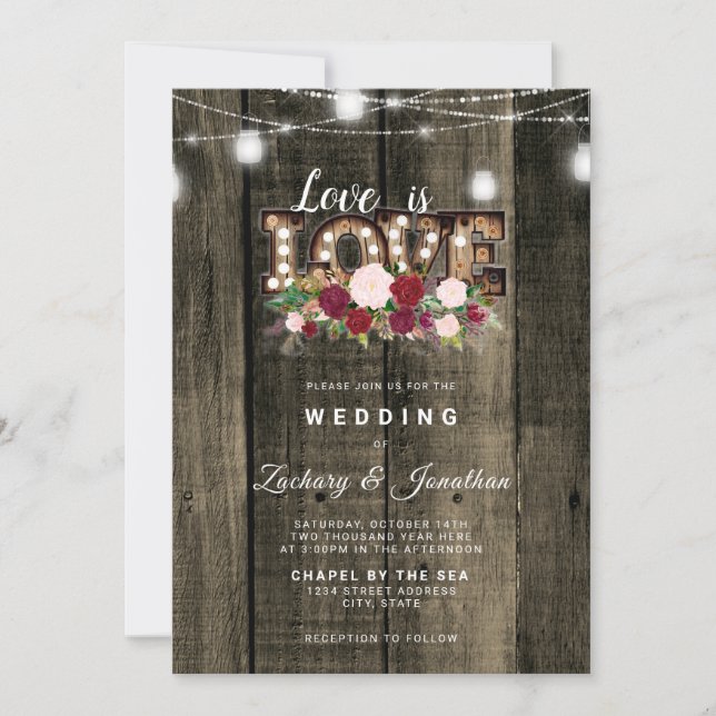 Rustikale String Lights Liebe ist Liebe Gay Weddin Einladung (Vorderseite)