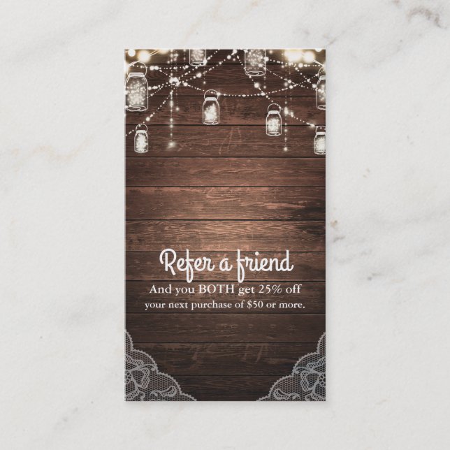Rustikale String Lights Mason Jar Lace Refer a Fri Empfehlungskarte (Vorderseite)