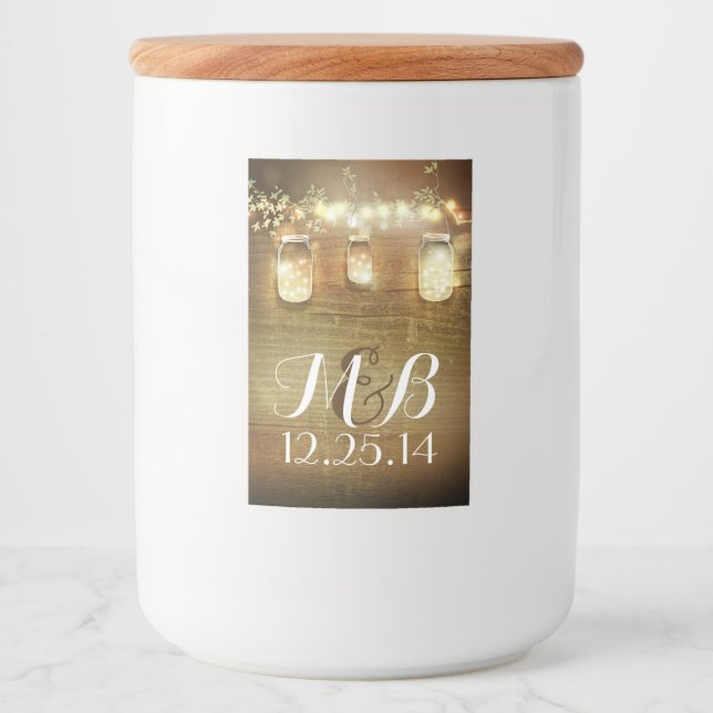 Rustikale String Lights Mason Jars Barn Wood Lebensmitteletikett (Vorderseite)