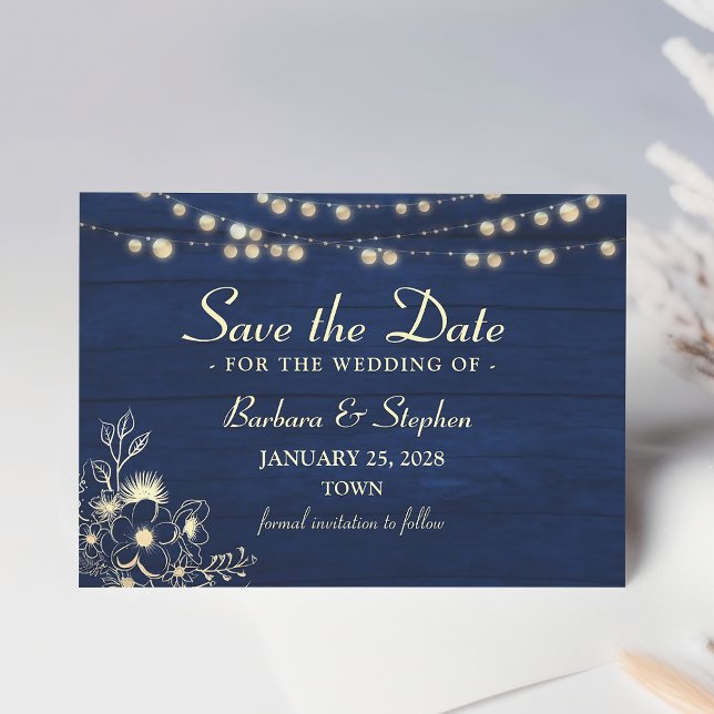 Rustikale String Lights Navy Blue Save The Date (Von Creator hochgeladen)