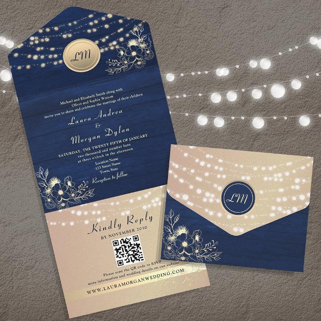 Rustikale String Lights Navy Blue Wedding All In One Einladung (Von Creator hochgeladen)