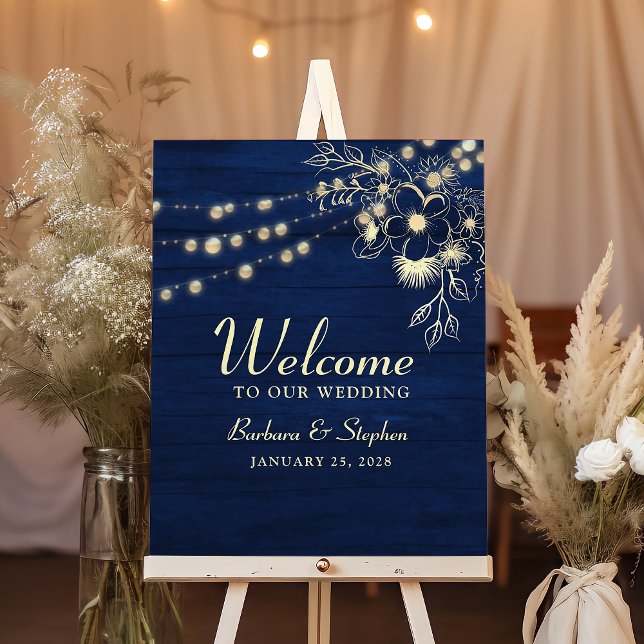Rustikale String Lights Navy Blue Wedding Willkomm Poster (Von Creator hochgeladen)