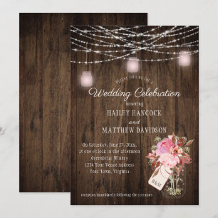 Rustikale String Lights Pink Mason Jars Wedding Einladung