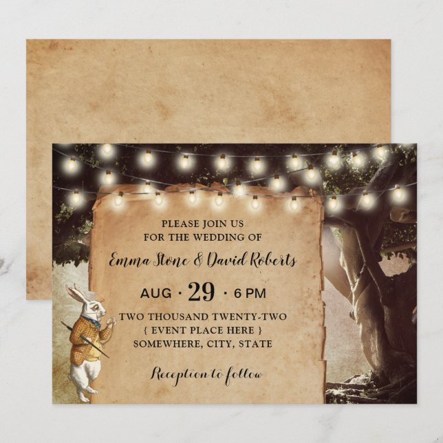 Rustikale String Lights & Tree Fairy Tale Wedding Einladung (Vorne/Hinten)