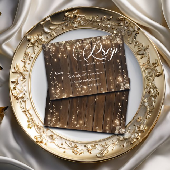 Rustikale String Lights White Floral Wedding RSVP Karte (Von Creator hochgeladen)