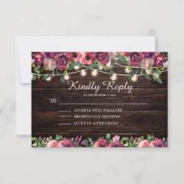Rustikale String Lights Wood Burgundy Floral RSVP Karte