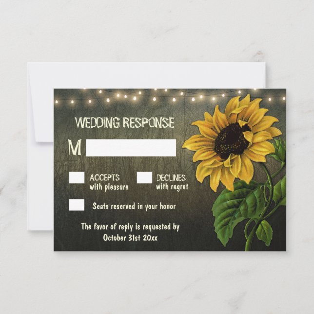 Rustikale Stringleuchten Sonnenblumen Hochzeitskar RSVP Karte (Vorderseite)