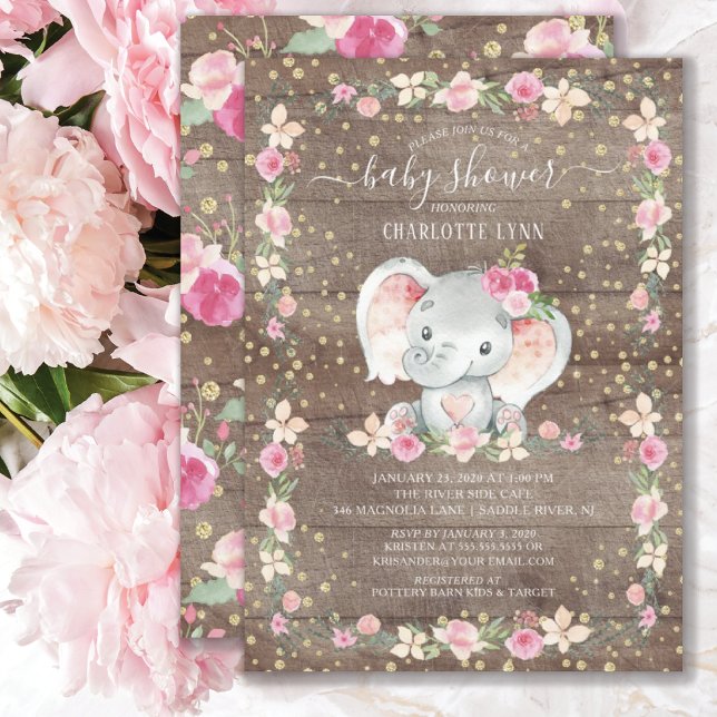 Rustikale Sweet Baby Girl Elephant Baby Dusche Einladung (Von Creator hochgeladen)