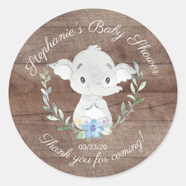 Rustikale Sweet Elephant Boys Baby Dusche Gefallen Runder Aufkleber (Vorderseite)