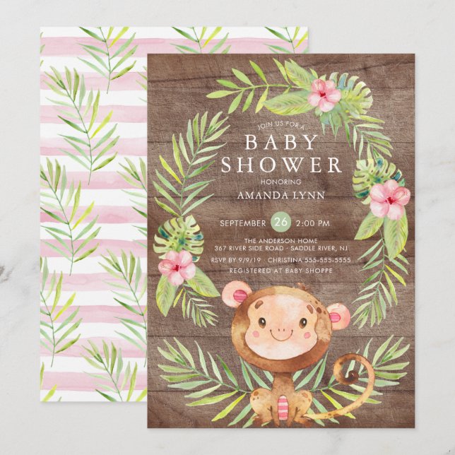 Rustikale Sweet Monkey Girl Baby Dusche Einladung (Vorne/Hinten)