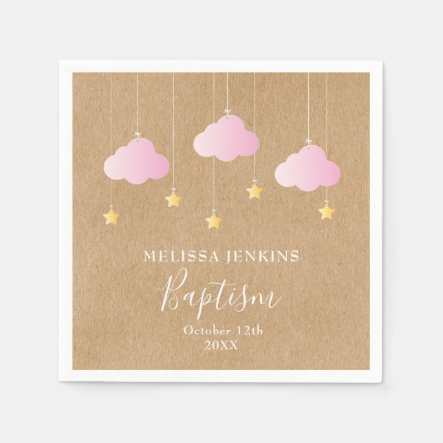 Rustikale Taufe Christening Pink Clouds Gold Stars Serviette (Vorderseite)