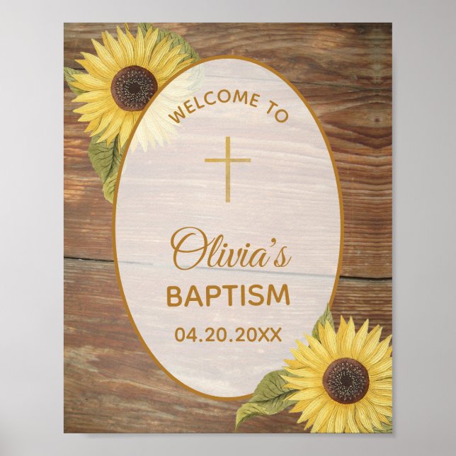 Rustikale Taufe Sonnenblumen Wood Bloral Begrüßung Poster (Vorne)