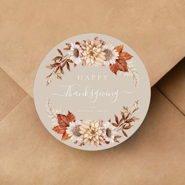 Rustikale Taupe Herbstlaub glücklich Thanksgiving Runder Aufkleber (Rustic Taupe Fall Leaves Happy Thanksgiving Classic Round Sticker)