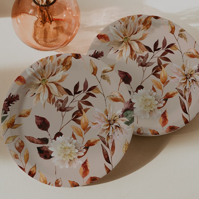 Rustikale Taupe Herbstlaubs Blumenpapier Teller (Rustic Taupe Fall Leaves Floral Paper Plates by Painted Paperie
)