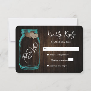 Rustikale Teal-Land-Holz-Herz-Mason-Glas-Hochzeit RSVP Karte