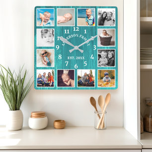 Rustikale Teal-Scheunenholz-Farmhouse-Foto-Collage Quadratische Wanduhr