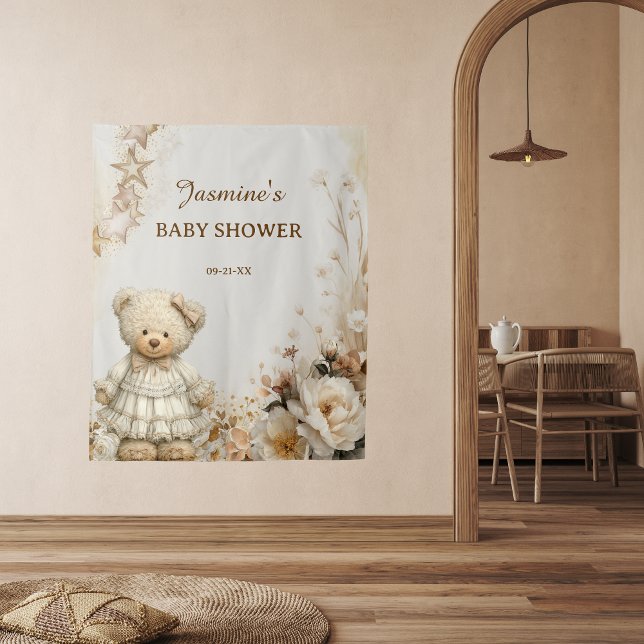 Rustikale Teddy Bear Floral Baby Dusche Hintergrun Wandteppich (Von Creator hochgeladen)