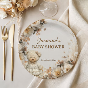 Rustikale Teddybär-Baby-Party mit Blumenmuster Pappteller