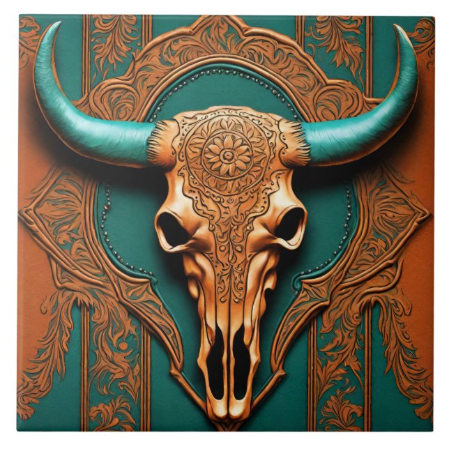 Rustikale Terracotta Aquamariner Western Land Bull Fliese (Vorderseite)