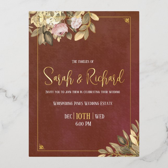 Rustikale Terracotta Botanical Boho Luxe Wedding Folie Einladungspostkarte (Vorderseite)