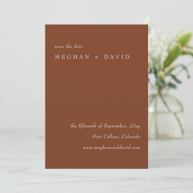 Rustikale Terracotta Burnt Orange Modern Gerettet  Save The Date (Stehend Vorderseite)