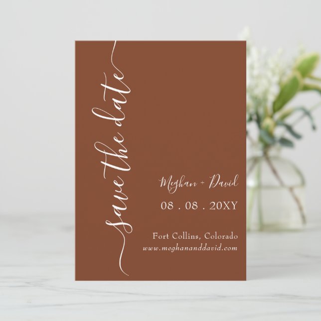 Rustikale Terracotta Burnt Orange Moderne Save The Date (Stehend Vorderseite)