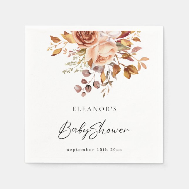 Rustikale Terracotta Floral Name Boho Babydusche Serviette (Vorderseite)