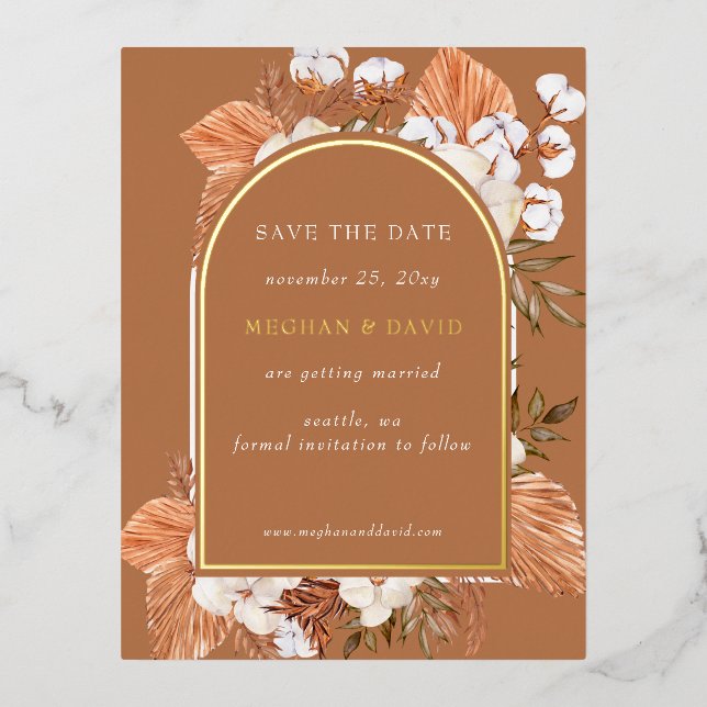 Rustikale Terracotta Pampas Save the Date angefert Folie Einladungspostkarte (Vorderseite)