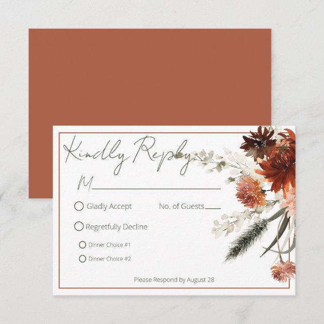 Rustikale Terracotta Rost Blume Hochzeit RSVP Karte (Vorne/Hinten)