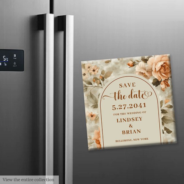 Rustikale Terrakotta Elfenbein Oliven Blumen Save  Magnet (Rustic Boho Terracotta Ivory Olive Floral Save Date)