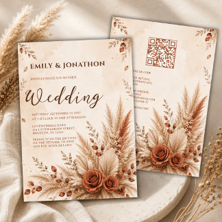 Rustikale Terrakotta-Pampasgras-Boho-Hochzeit Einladung