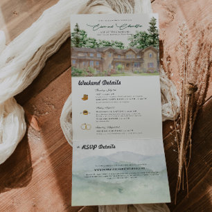Rustikale Tetongebirge   Illustrierte Hochzeit Dreifach Gefaltete Einladung